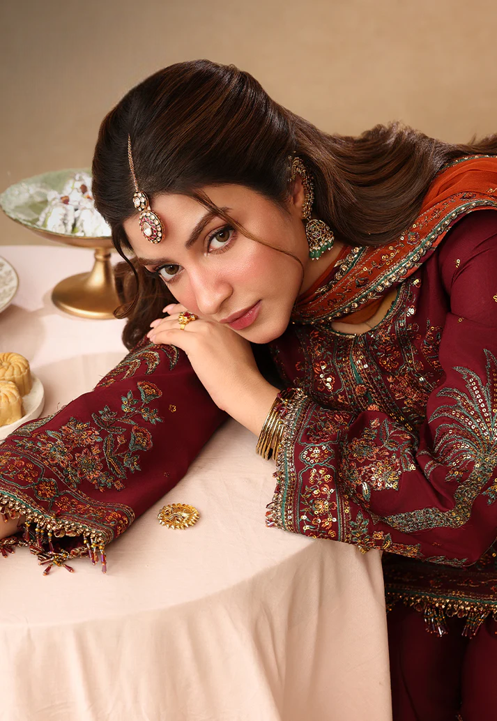 Rich Maroon - Short Kurta Set with Palazzo and Rust Dupatta | Ready To Wear