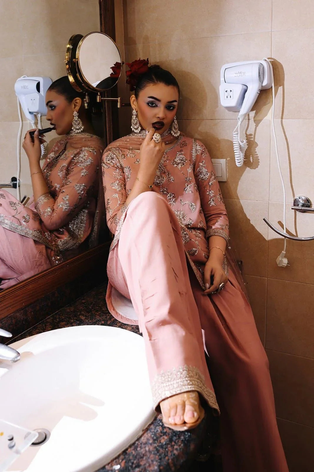 The Vintage Rose: Embroidered Silk Floral Kurta & Net Dupatta | Ready To Wear