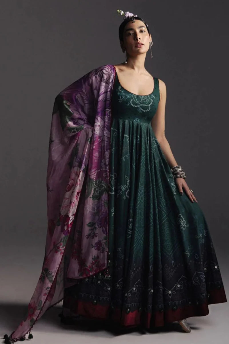 Deep Green: Printed Lawn Anarkali Set with Purple Floral Dupatta | Ready To Wear