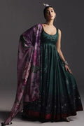 Deep Green: Printed Lawn Anarkali Set with Purple Floral Dupatta | Ready To Wear