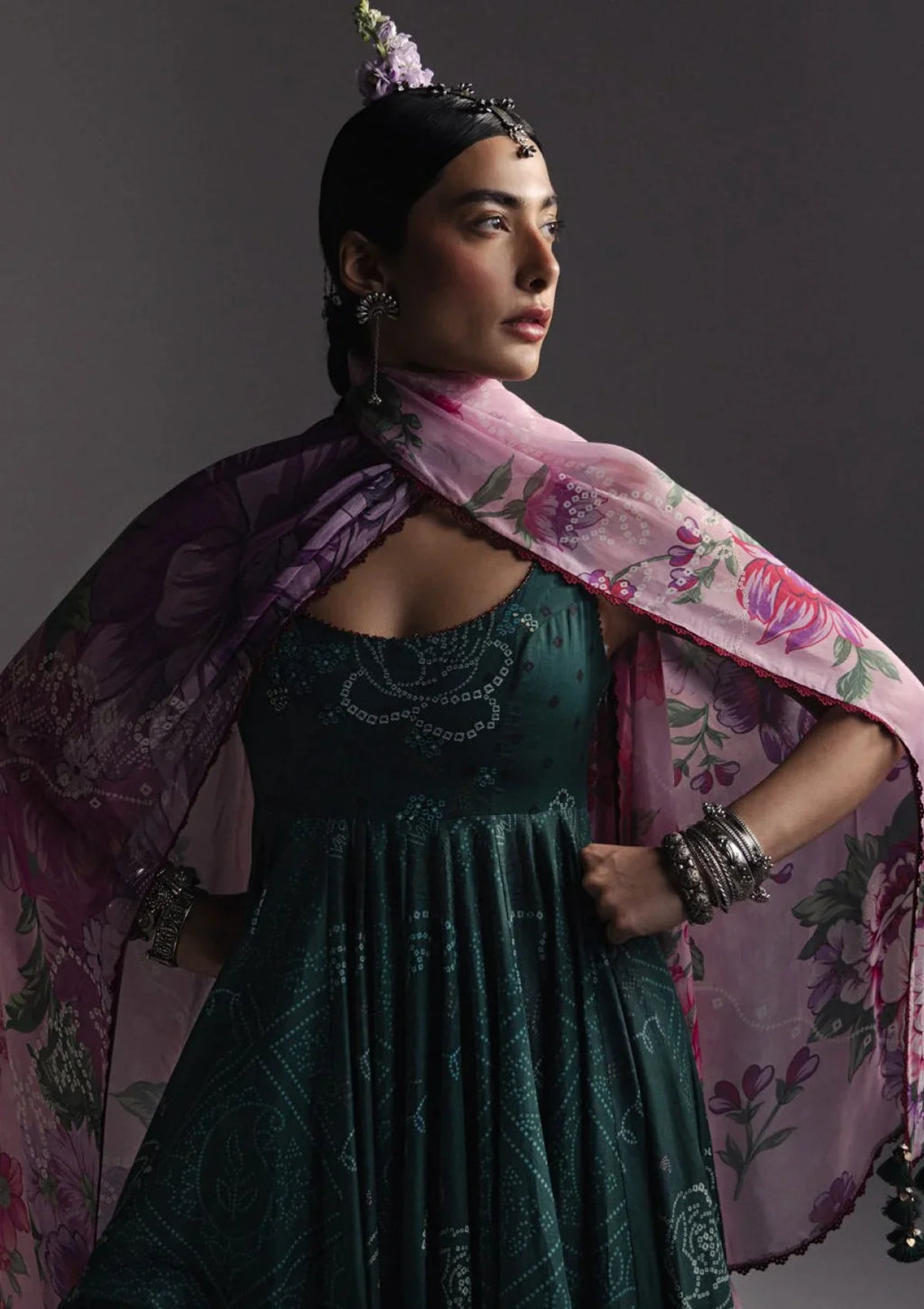 Deep Green: Printed Lawn Anarkali Set with Purple Floral Dupatta | Ready To Wear