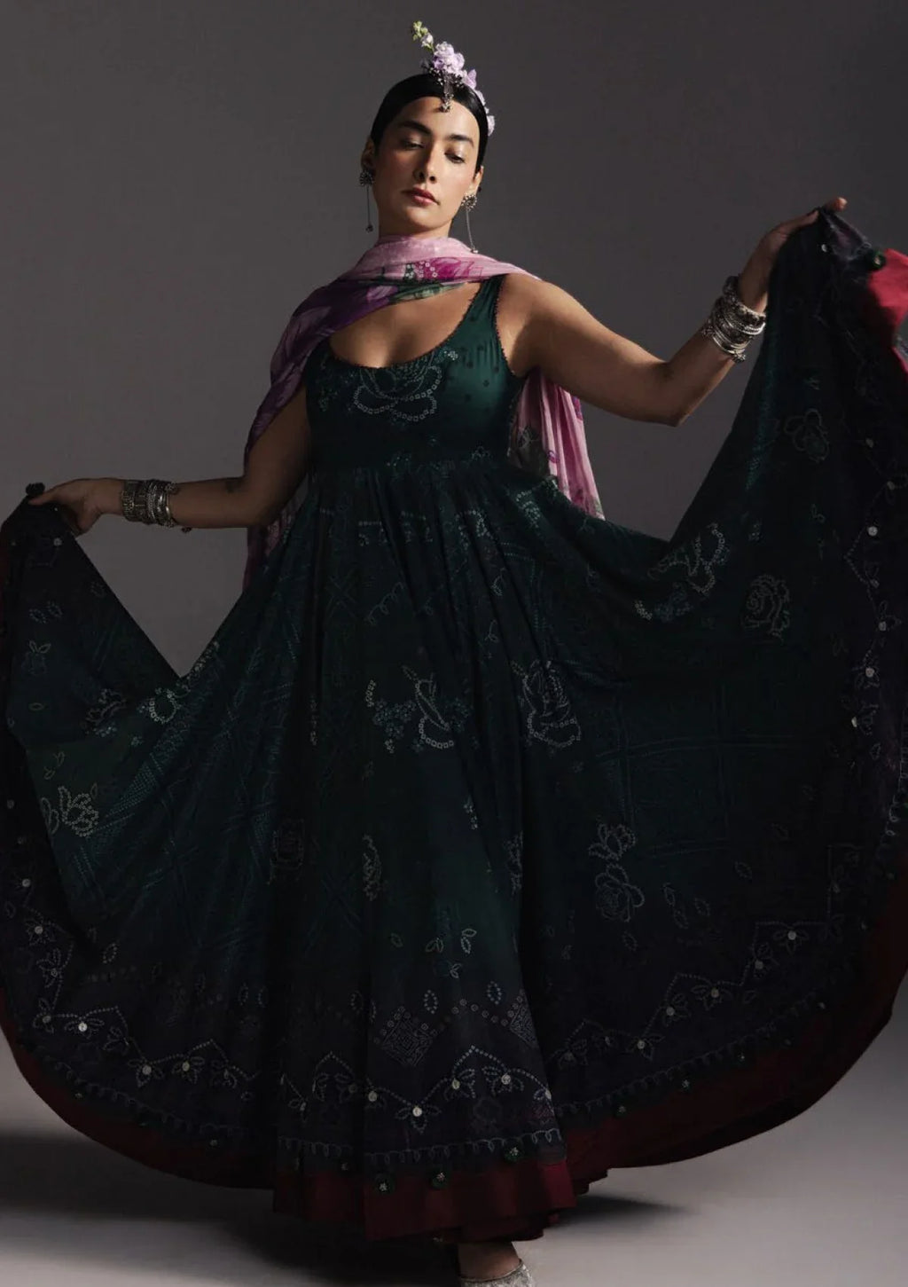 Deep Green: Printed Lawn Anarkali Set with Purple Floral Dupatta | Ready To Wear