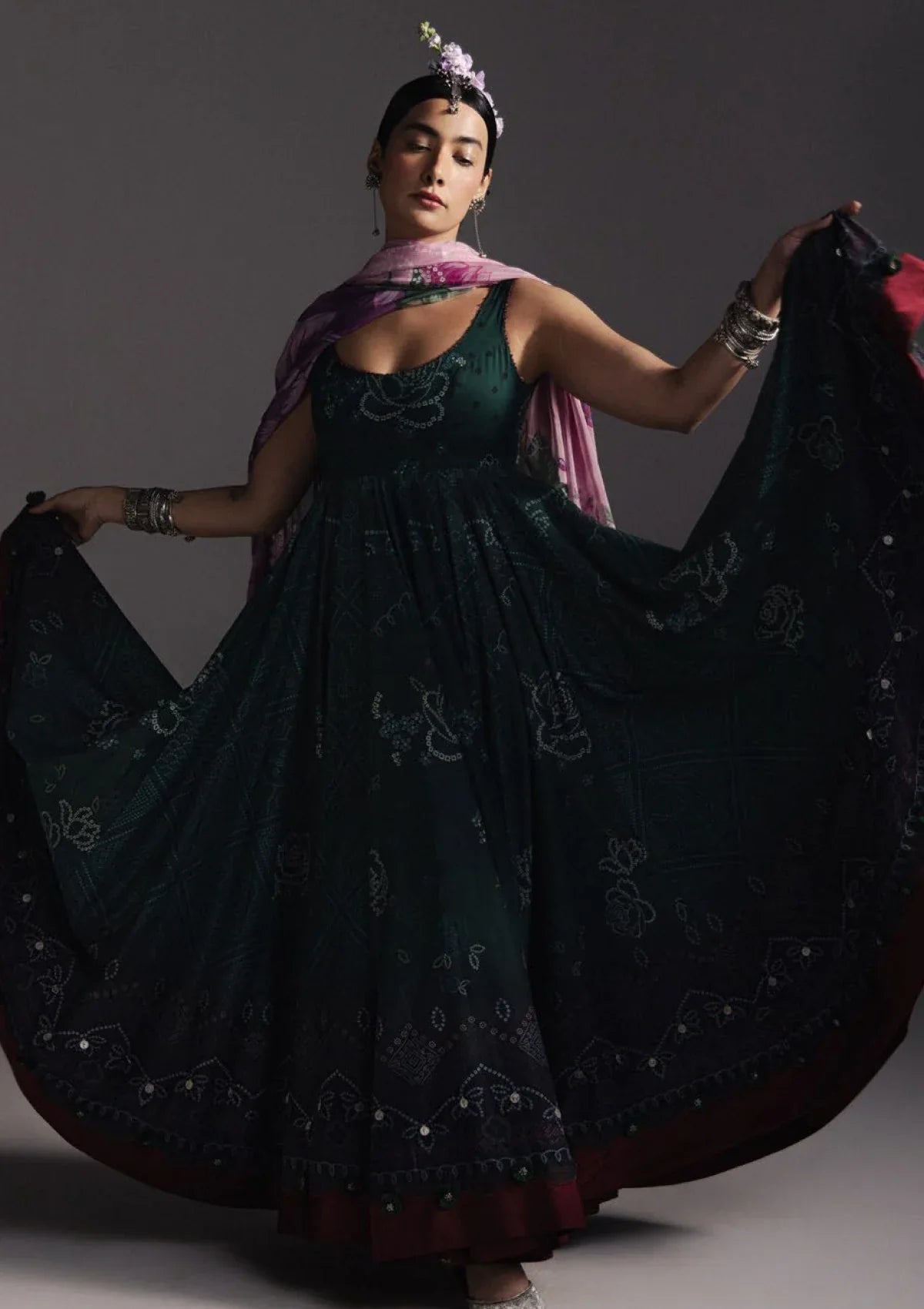 Deep Green: Printed Lawn Anarkali Set with Purple Floral Dupatta | Ready To Wear