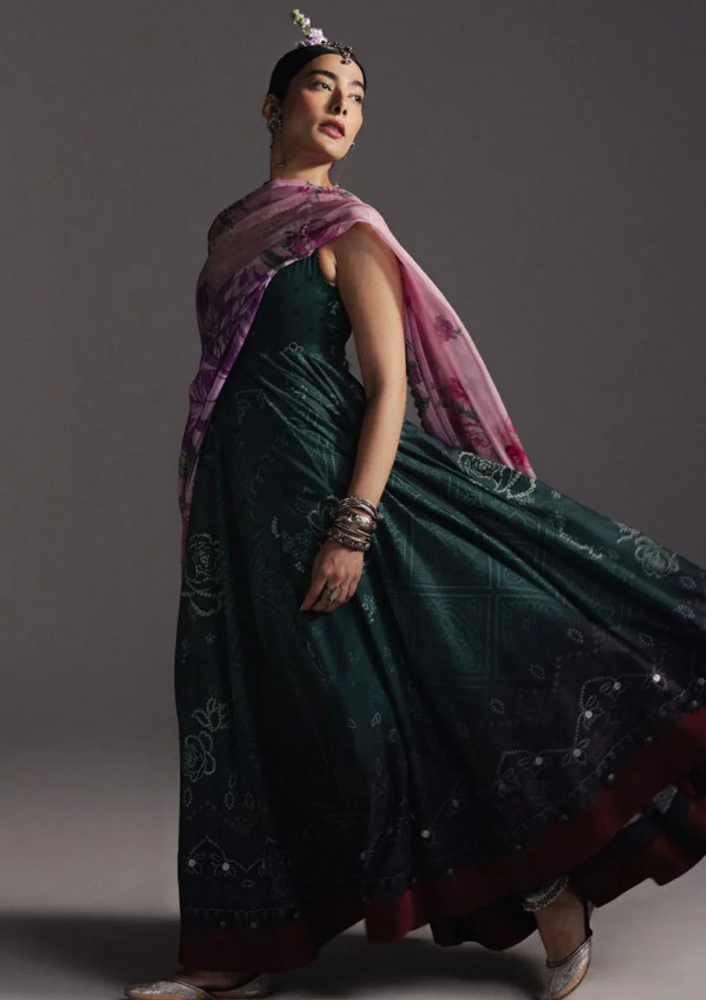 Deep Green: Printed Lawn Anarkali Set with Purple Floral Dupatta | Ready To Wear