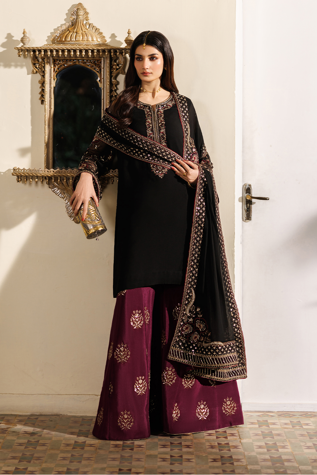 Iznik Black Embroidered  Chiffon Dress |  Ready To Wear