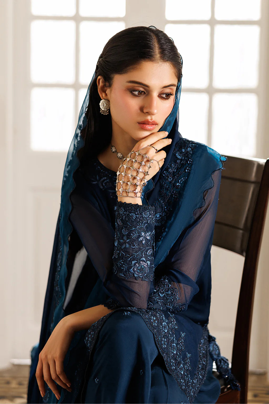 Deep Navy Aura: Embroidered Chiffon Suit | Ready To Wear