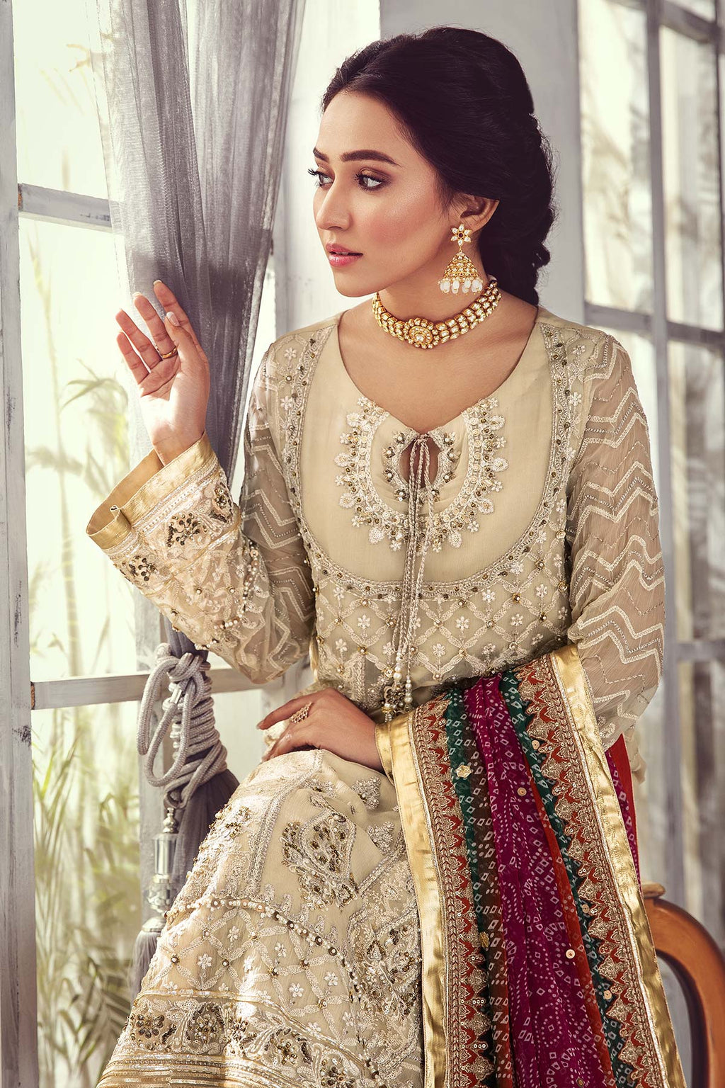 Golden Heritage: Embroidered Chiffon Suit with Chunri Dupatta | Ready To Wear