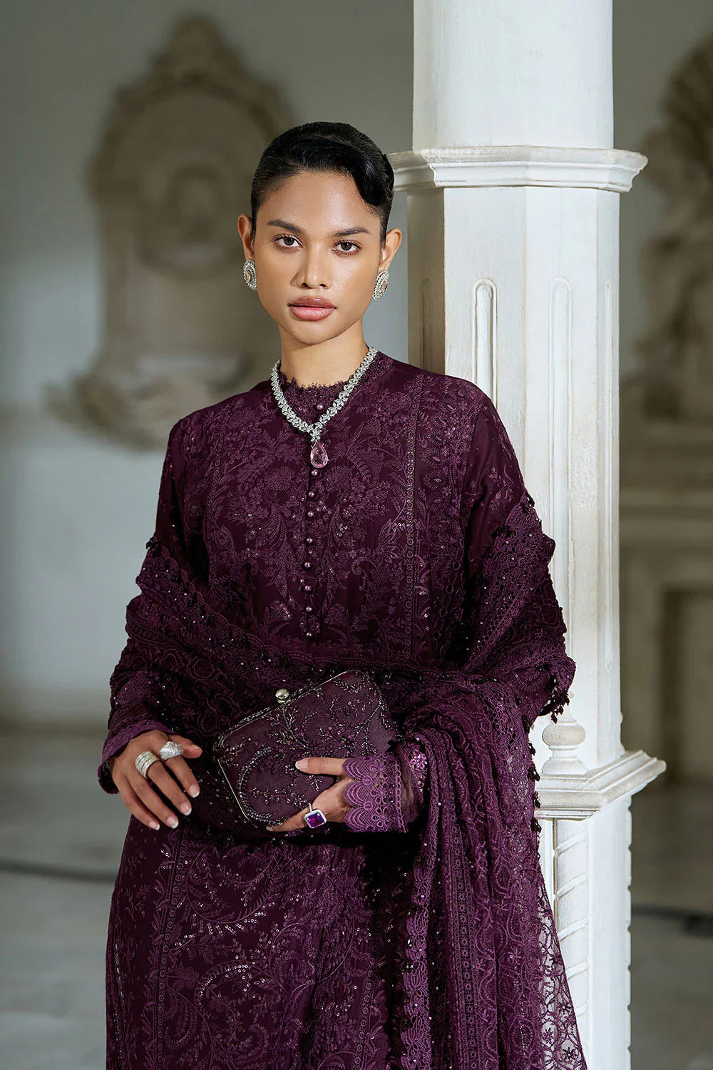 Dark Purple: Embroidered Lawn Suit With Organza Dupatta | Ready To Wear