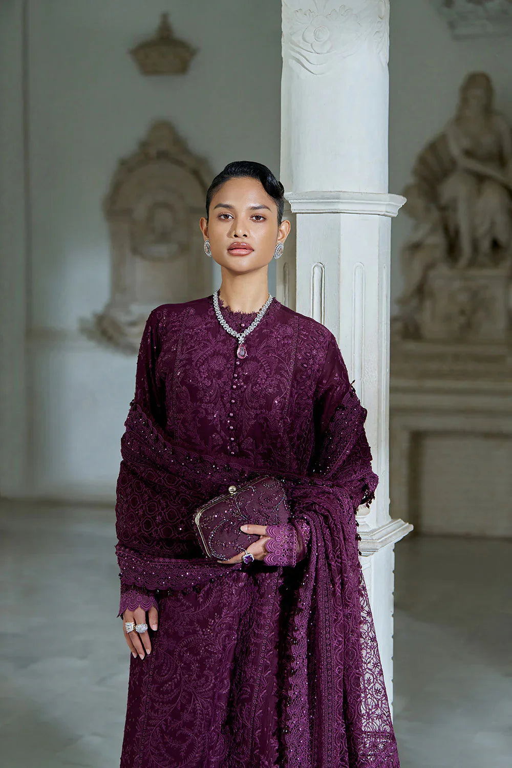 Dark Purple: Embroidered Lawn Suit With Organza Dupatta | Ready To Wear