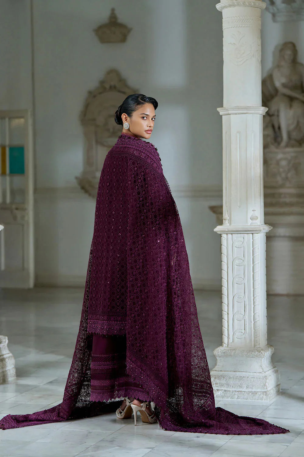 Dark Purple: Embroidered Lawn Suit With Organza Dupatta | Ready To Wear