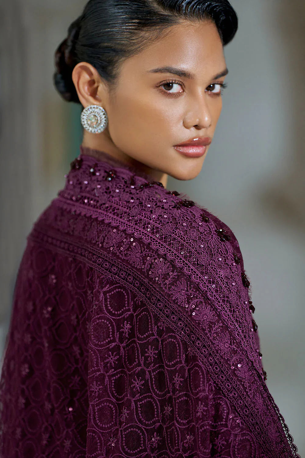 Dark Purple: Embroidered Lawn Suit With Organza Dupatta | Ready To Wear