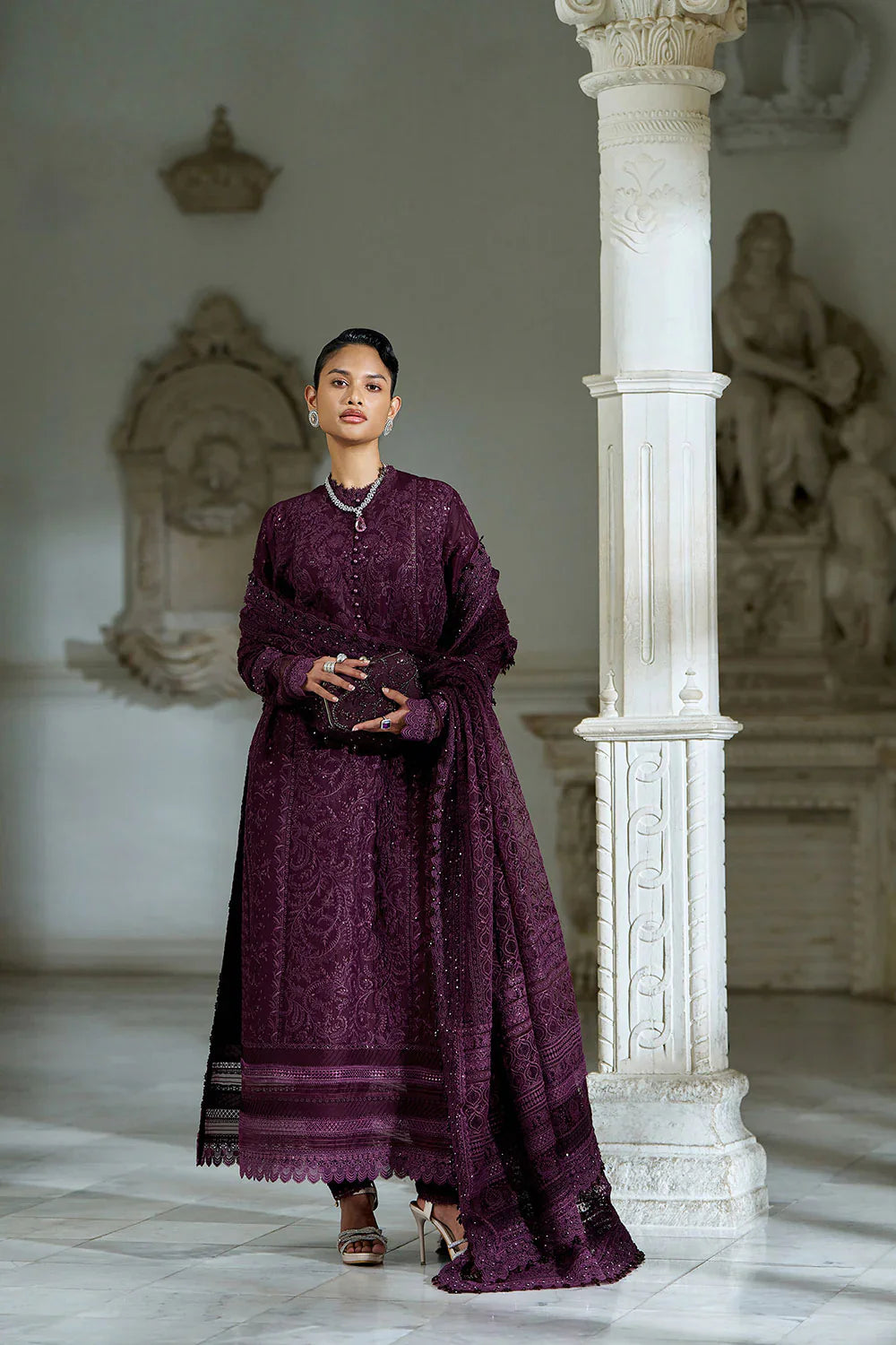 Dark Purple: Embroidered Lawn Suit With Organza Dupatta | Ready To Wear
