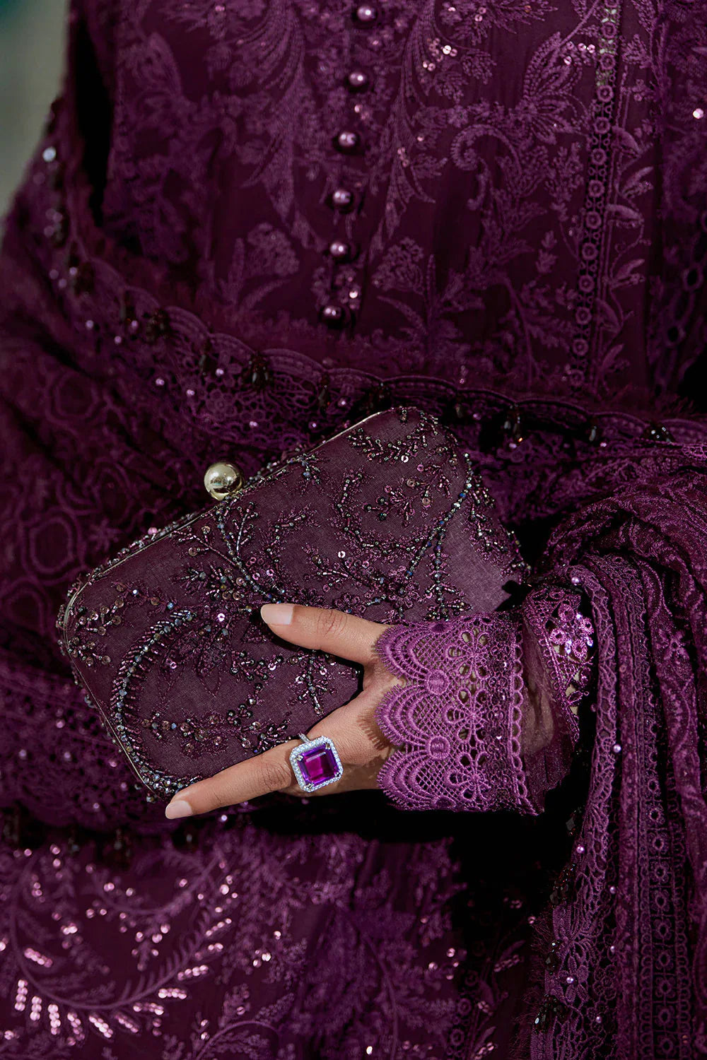 Dark Purple: Embroidered Lawn Suit With Organza Dupatta | Ready To Wear