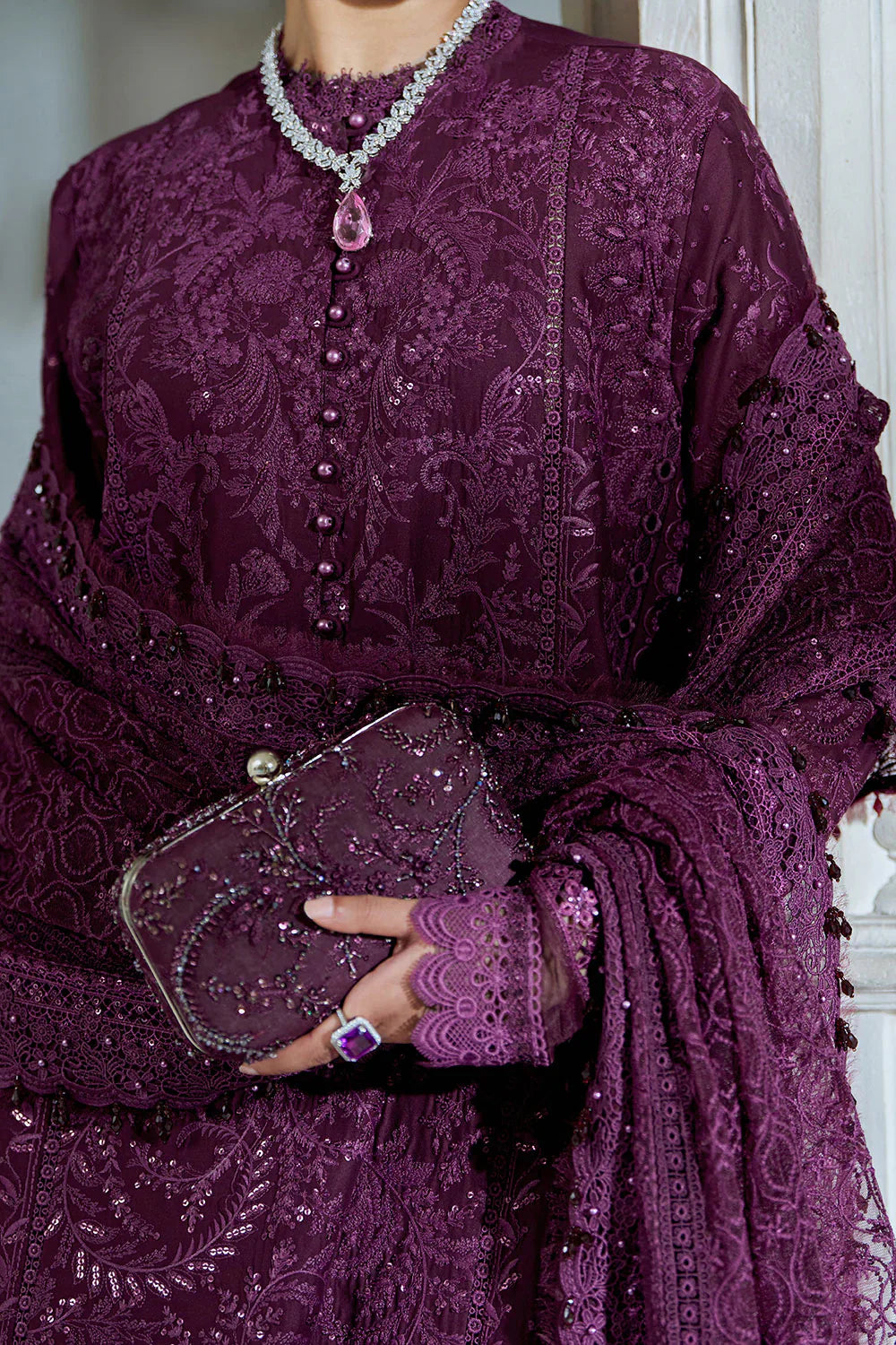 Dark Purple: Embroidered Lawn Suit With Organza Dupatta | Ready To Wear