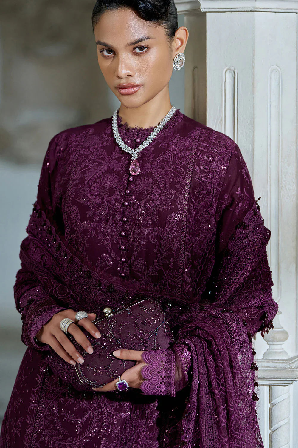 Dark Purple: Embroidered Lawn Suit With Organza Dupatta | Ready To Wear