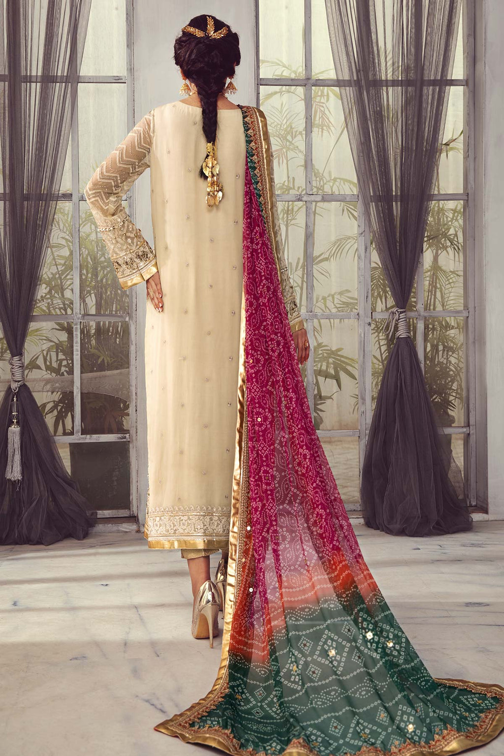 Golden Heritage: Embroidered Chiffon Suit with Chunri Dupatta | Ready To Wear