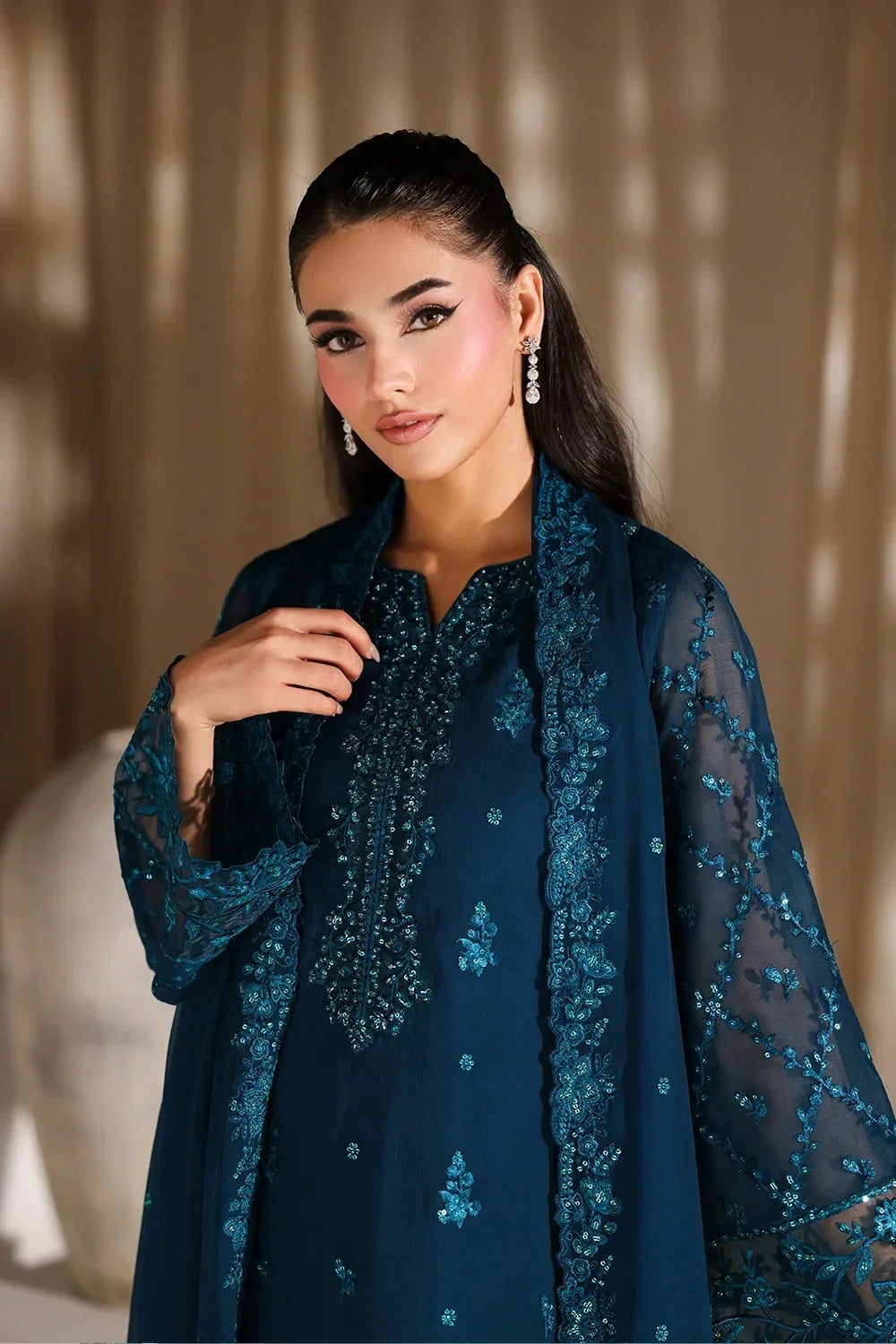 Deep Peacock Teal: Heavy Embroidered Chiffon Suit | Ready To Wear