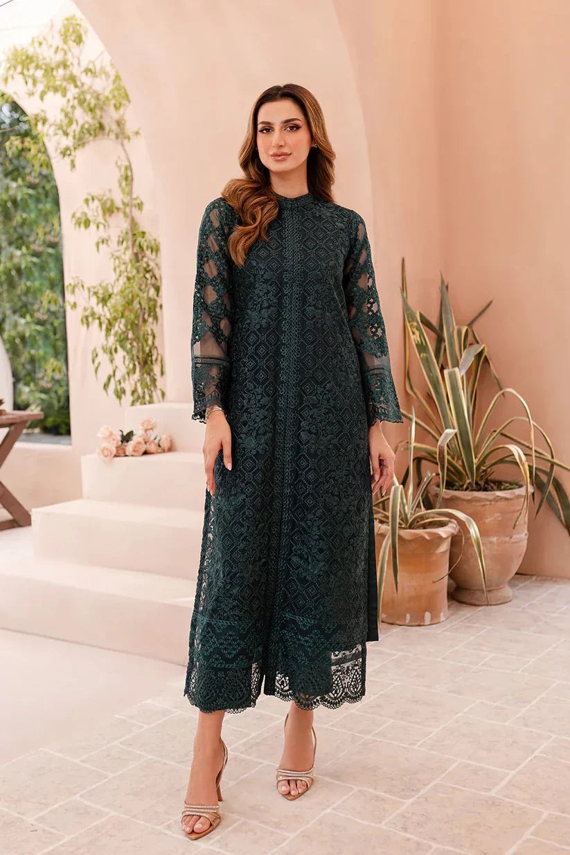 Elegant Forest Green: Thread Embroidered Organza Suit | Ready To Wear