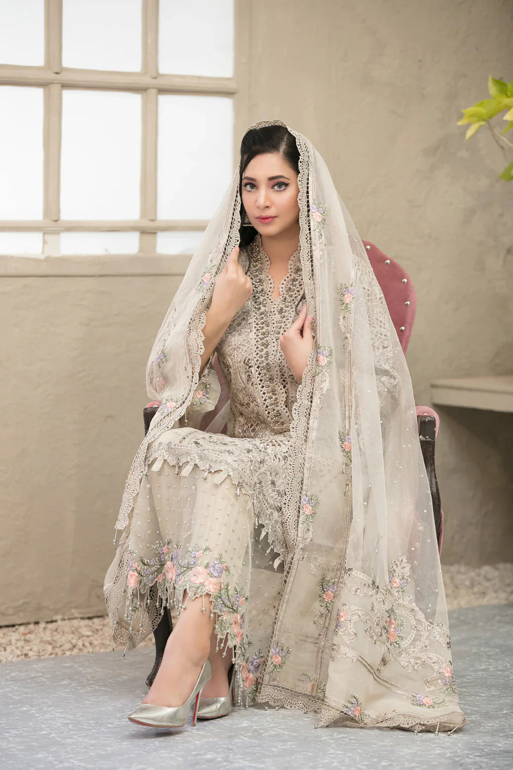 03-Piece Embroidered Organza Suit With Net Dupatta | Ready To Wear