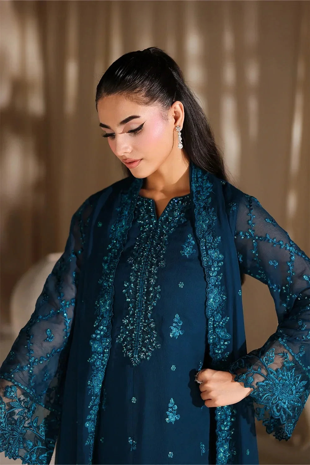 Deep Peacock Teal: Heavy Embroidered Chiffon Suit | Ready To Wear