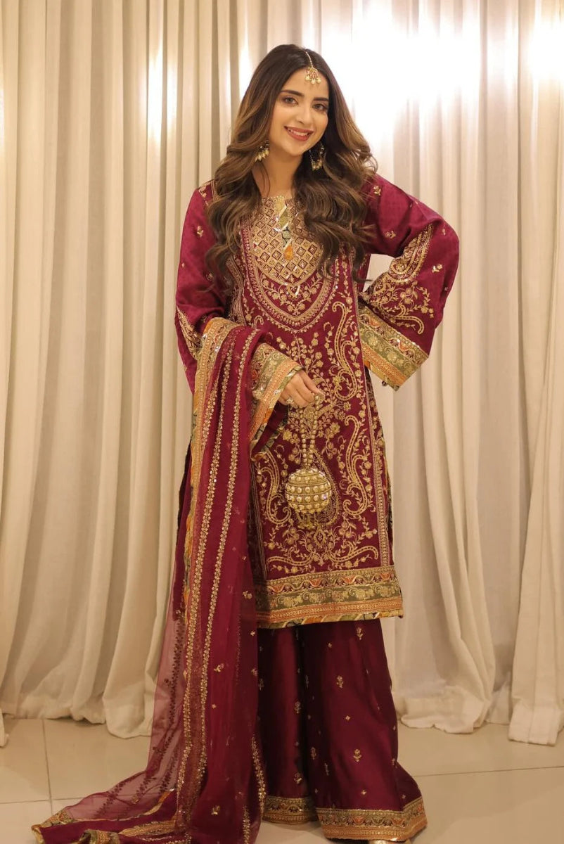 The Regal Maroon: Silk Embroidered Gharara Set | Ready To Wear