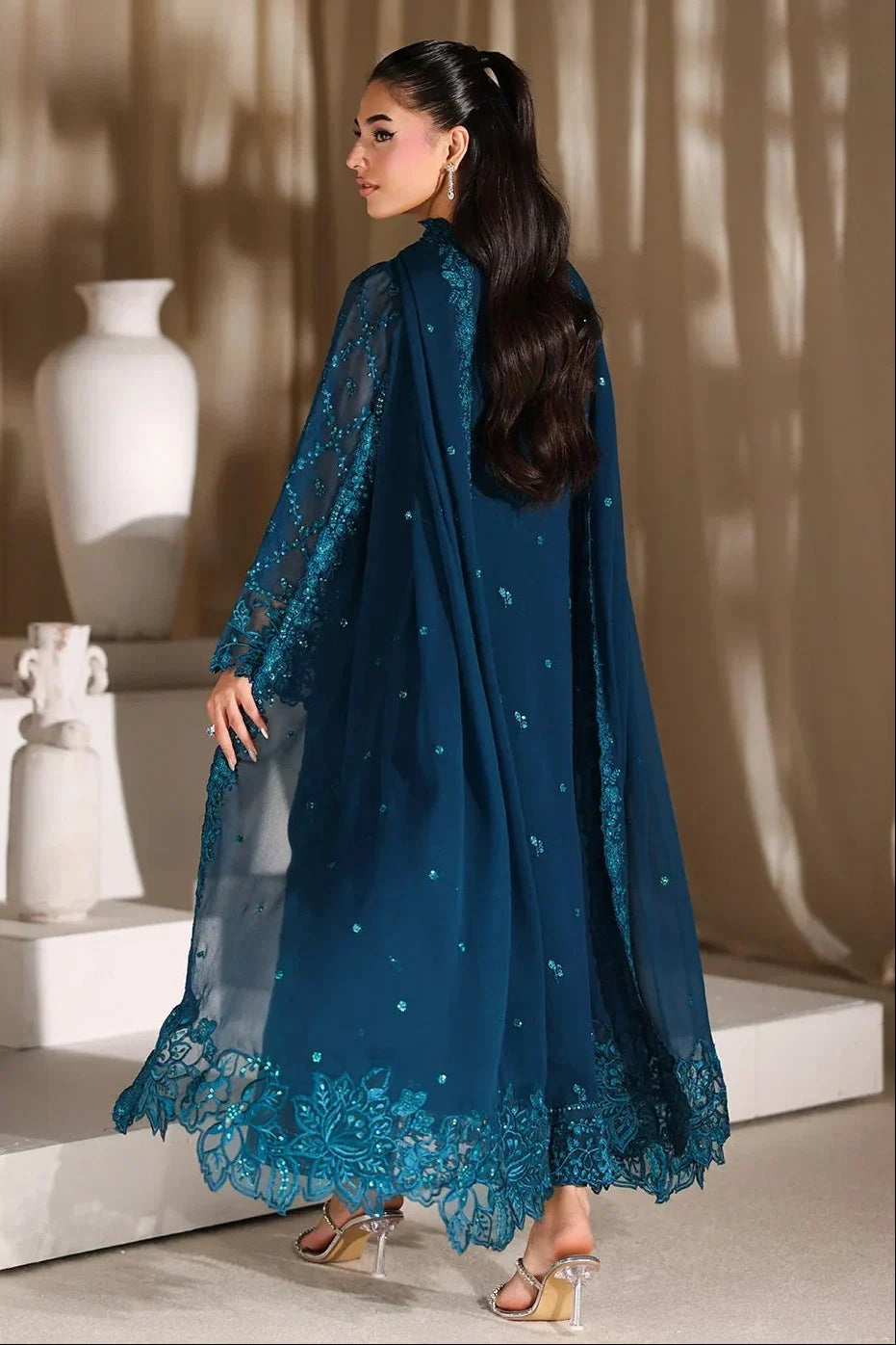 Deep Peacock Teal: Heavy Embroidered Chiffon Suit | Ready To Wear
