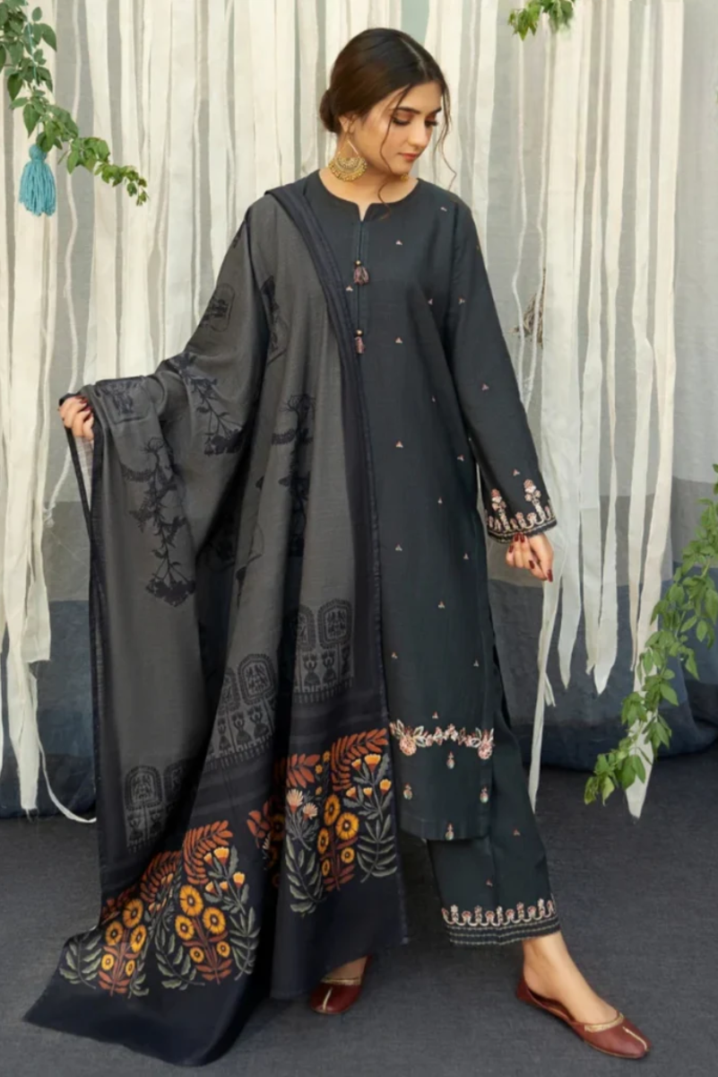 Charcoal Grey: Lawn Formal Wear with Shawl | Ready To Wear
