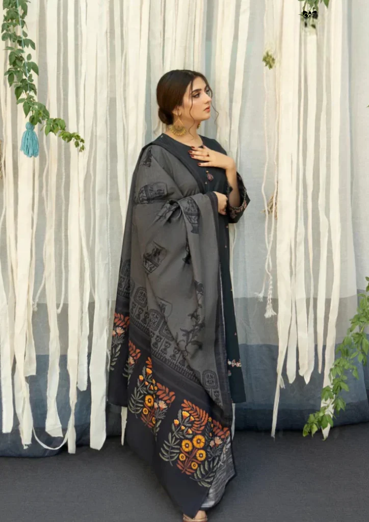 Charcoal Grey: Lawn Formal Wear with Shawl | Ready To Wear