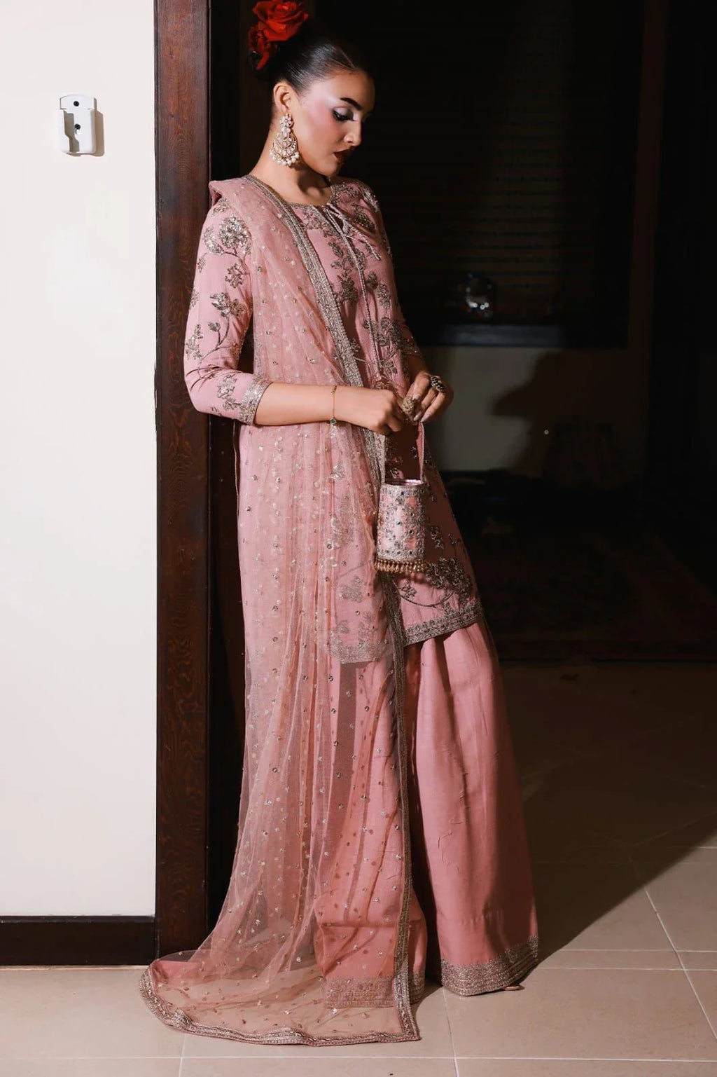 The Vintage Rose: Embroidered Silk Floral Kurta & Net Dupatta | Ready To Wear