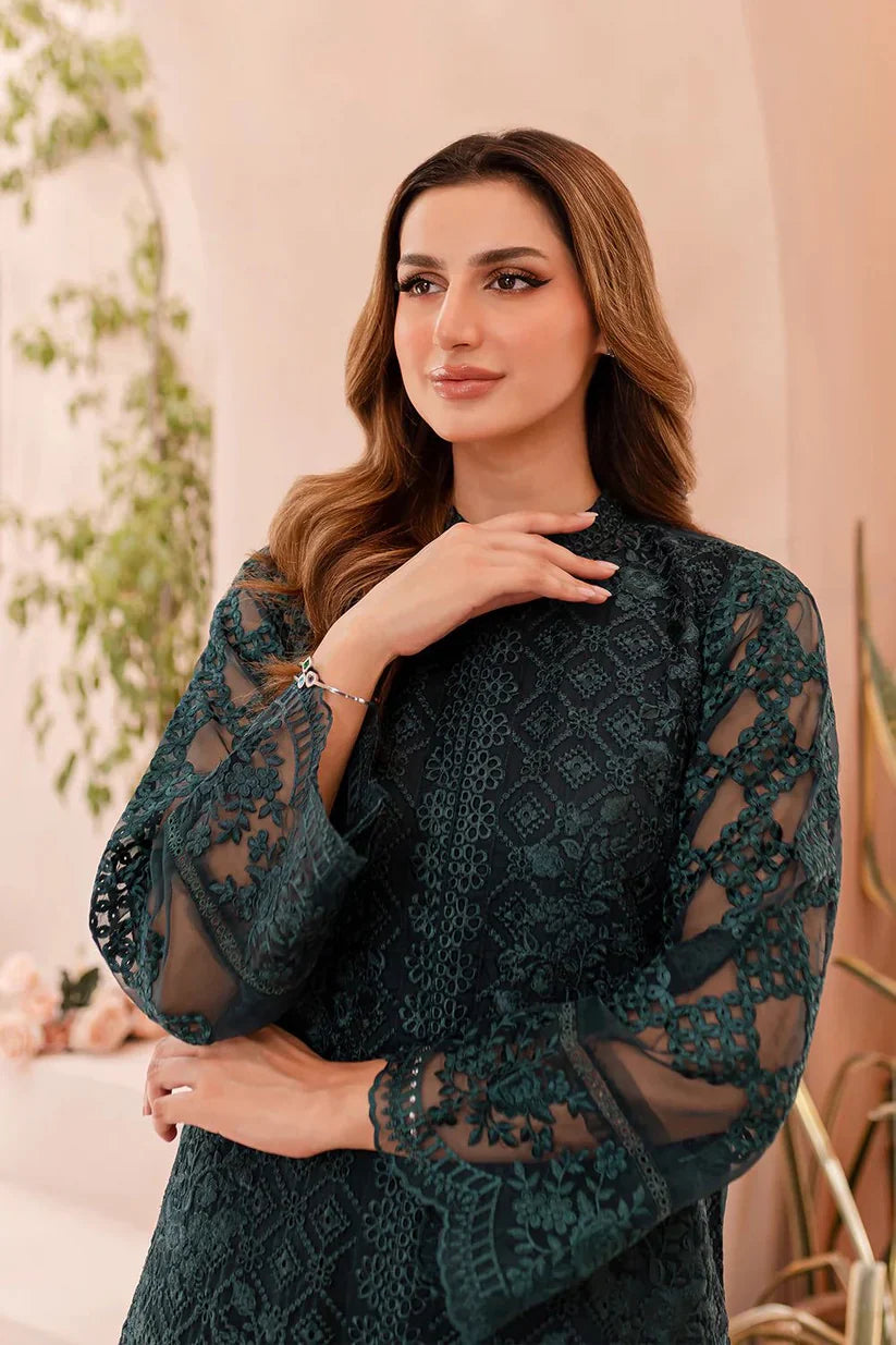 Elegant Forest Green: Thread Embroidered Organza Suit | Ready To Wear