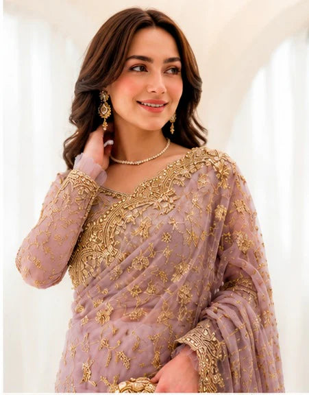 The Gilded Lilac: Heavy Gold Embroidered Drape Saree