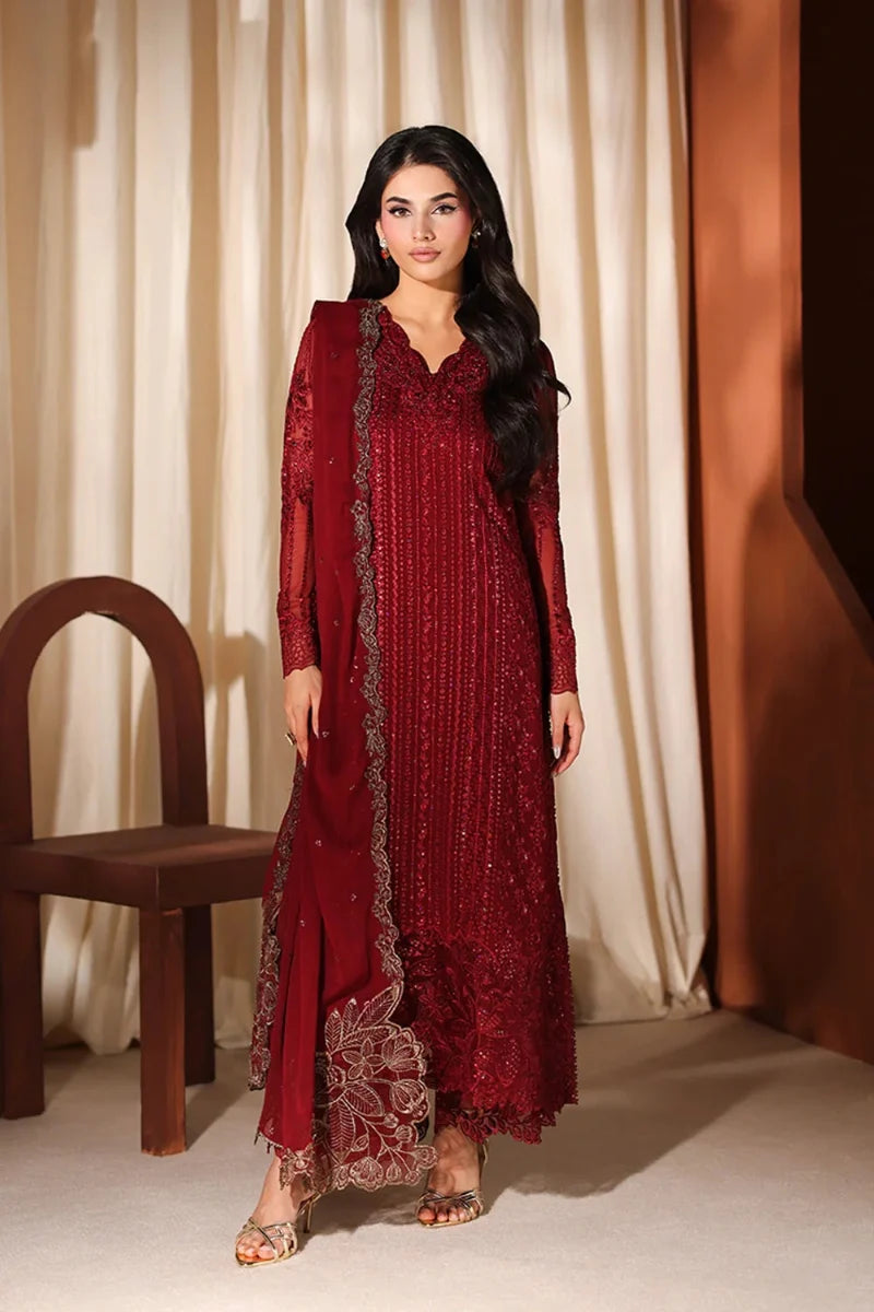 Crimson Red: Embroidered Chiffon Long Kurta Suit | Ready To Wear