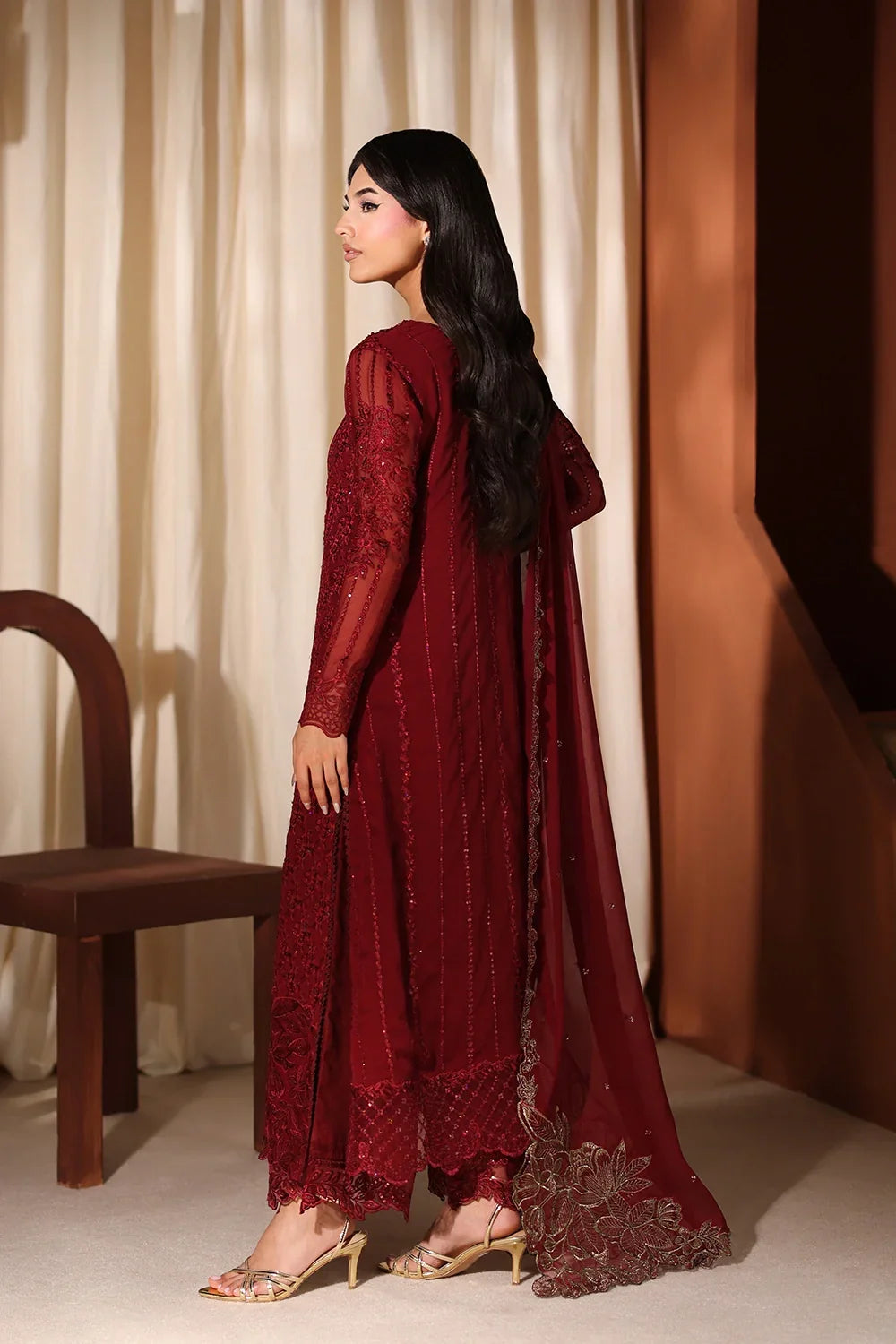 Crimson Red: Embroidered Chiffon Long Kurta Suit | Ready To Wear