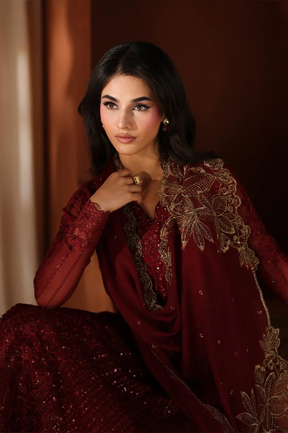 Crimson Red: Embroidered Chiffon Long Kurta Suit | Ready To Wear