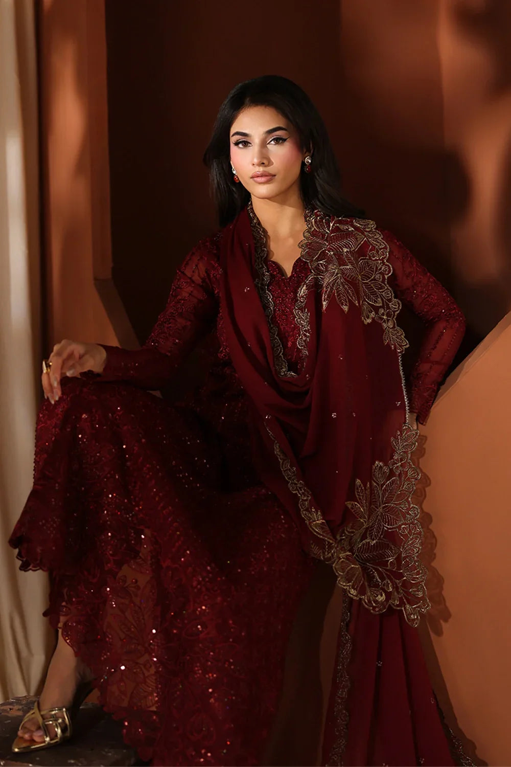 Crimson Red: Embroidered Chiffon Long Kurta Suit | Ready To Wear
