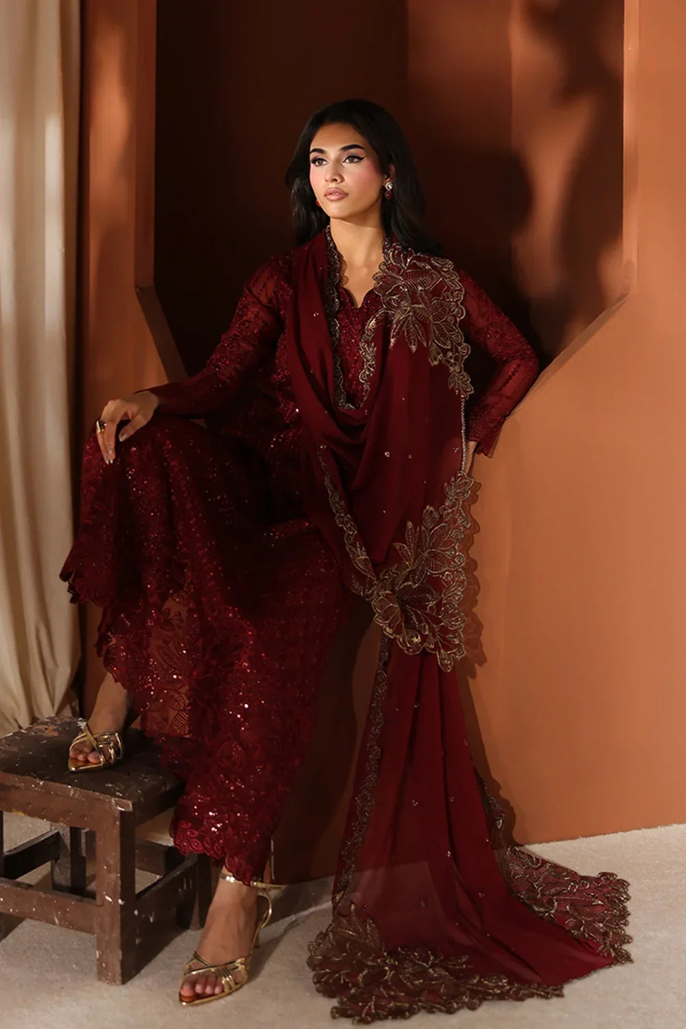 Crimson Red: Embroidered Chiffon Long Kurta Suit | Ready To Wear