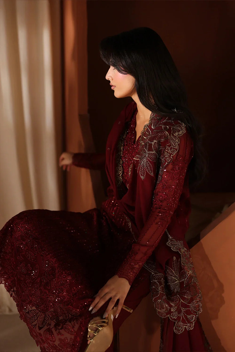 Crimson Red: Embroidered Chiffon Long Kurta Suit | Ready To Wear