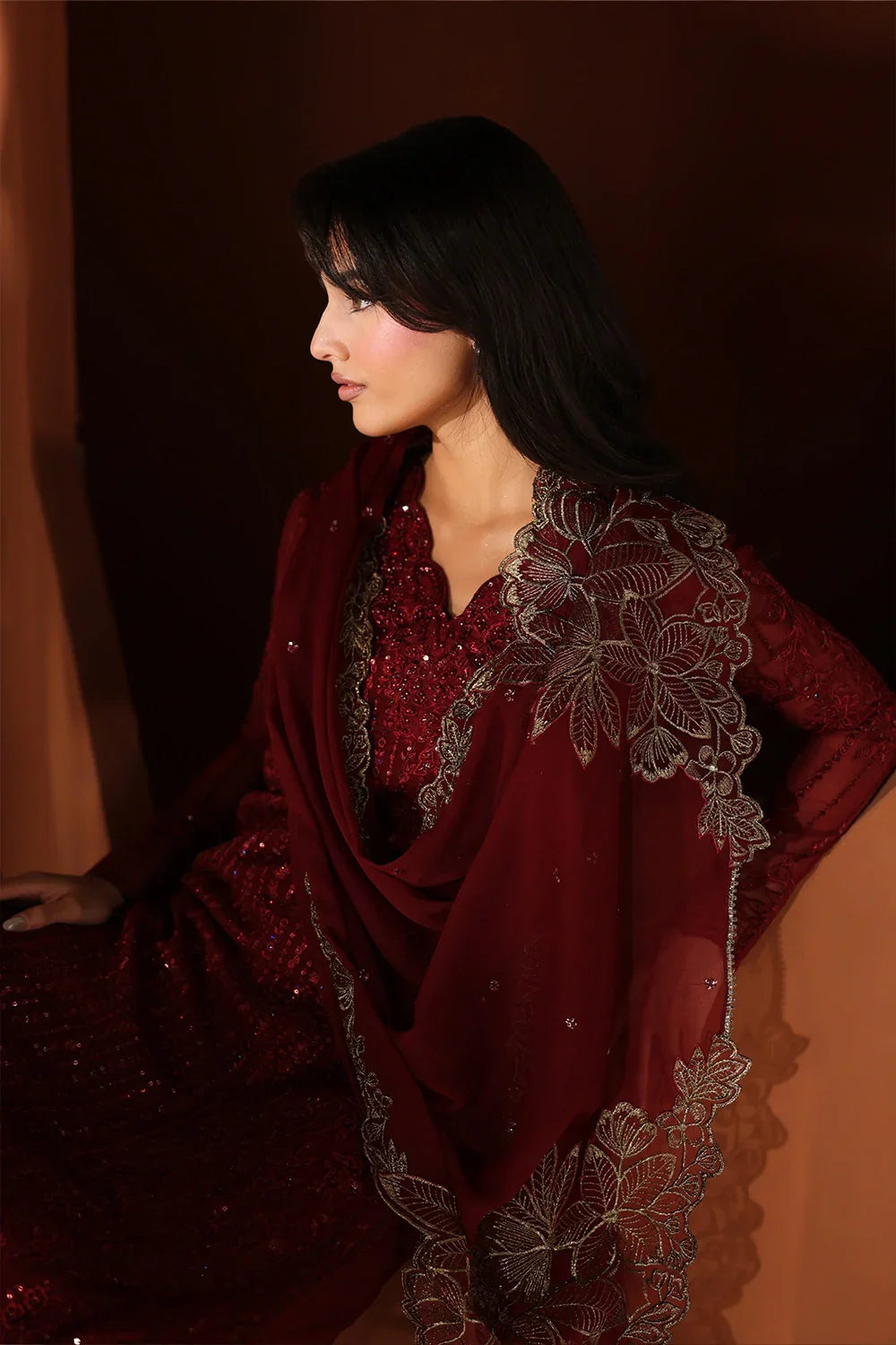 Crimson Red: Embroidered Chiffon Long Kurta Suit | Ready To Wear