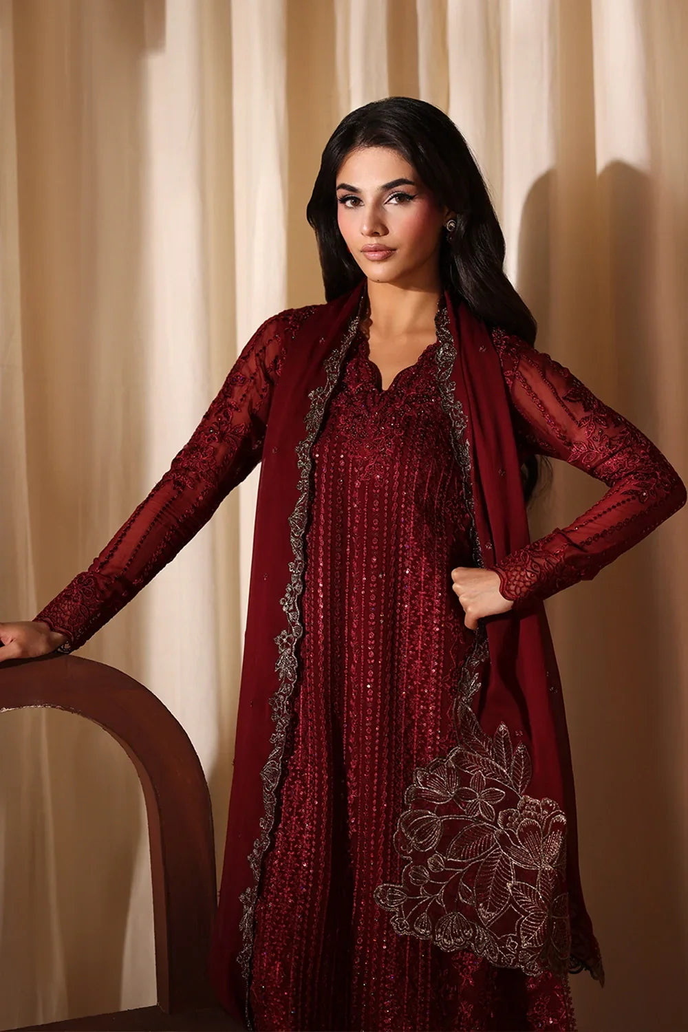 Crimson Red: Embroidered Chiffon Long Kurta Suit | Ready To Wear