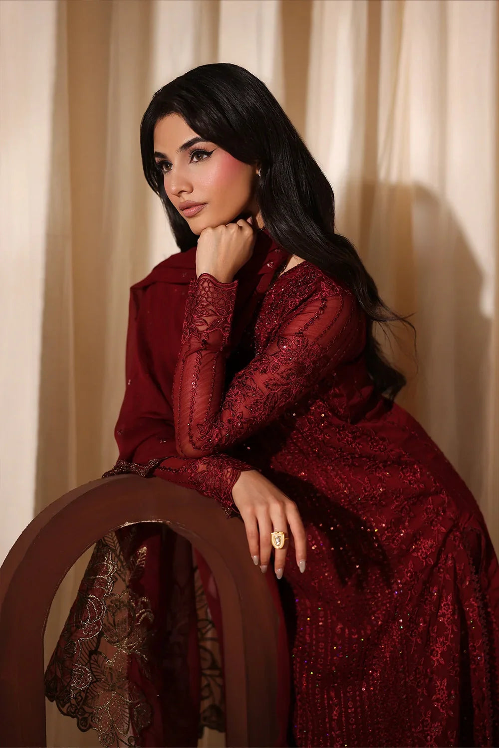 Crimson Red: Embroidered Chiffon Long Kurta Suit | Ready To Wear