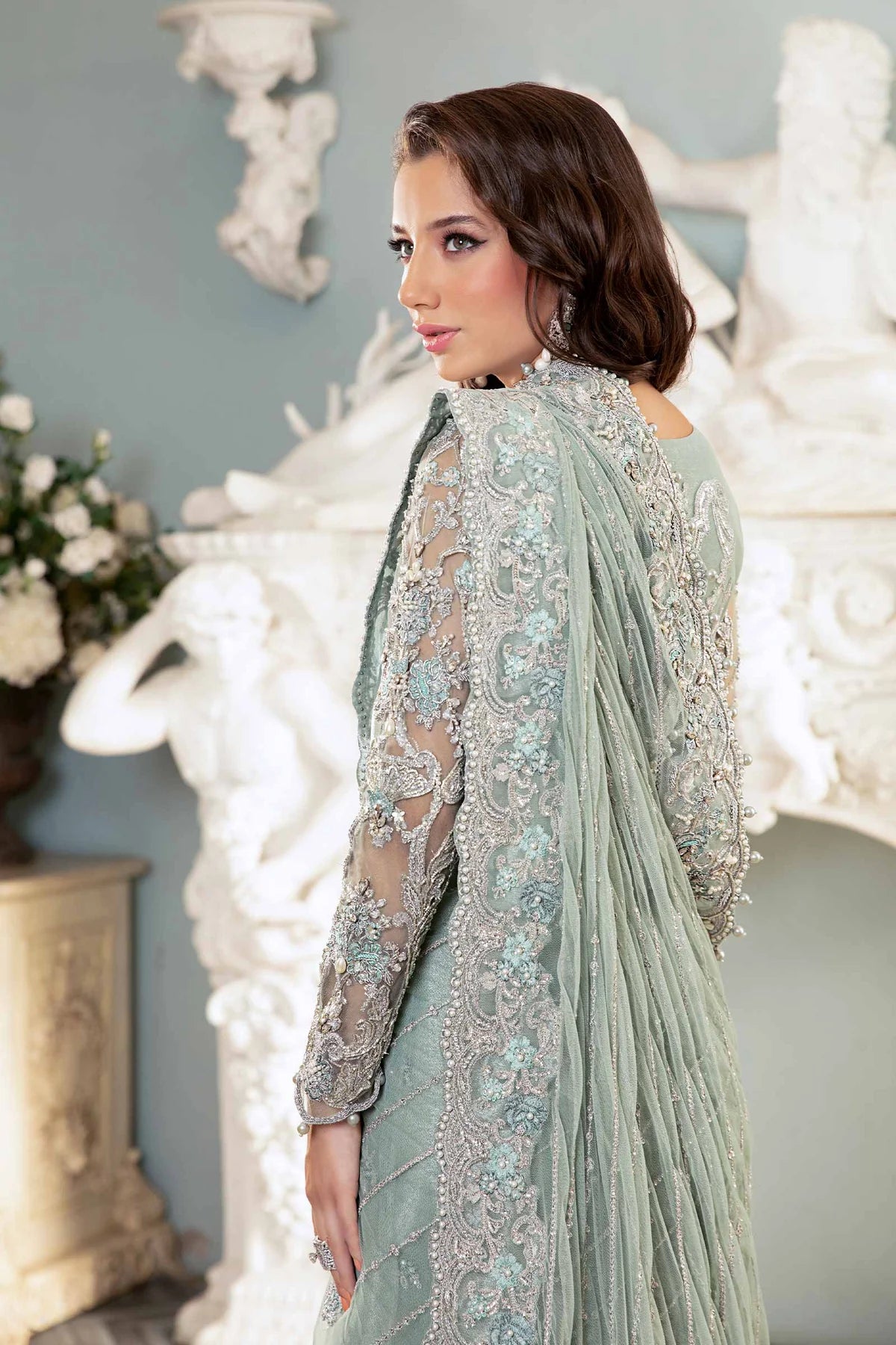 Mint Mirage: Heavily Embellished Net Saree