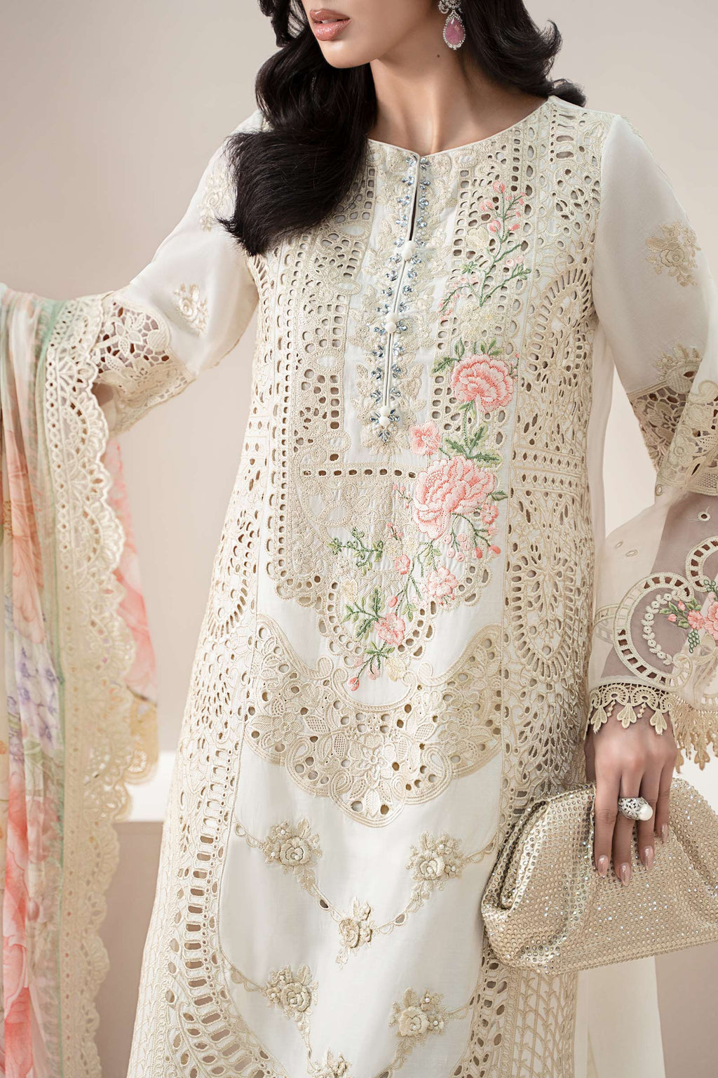 The Pastel Blossom: Schiffli & Floral Embroidered Cotton Suit | Ready To Wear