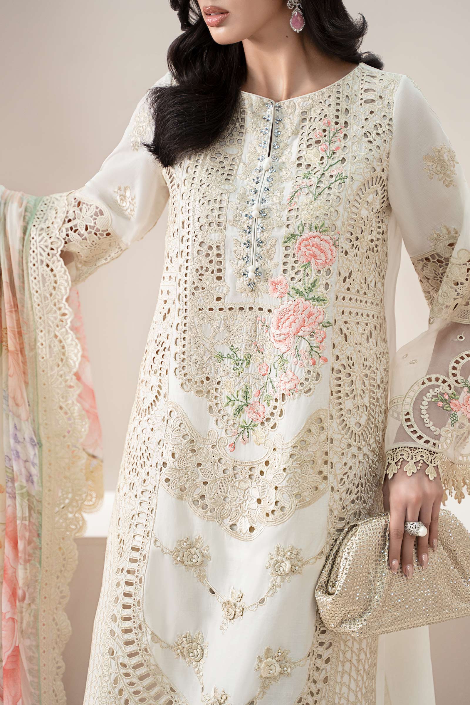 The Pastel Blossom: Schiffli & Floral Embroidered Cotton Suit | Ready To Wear