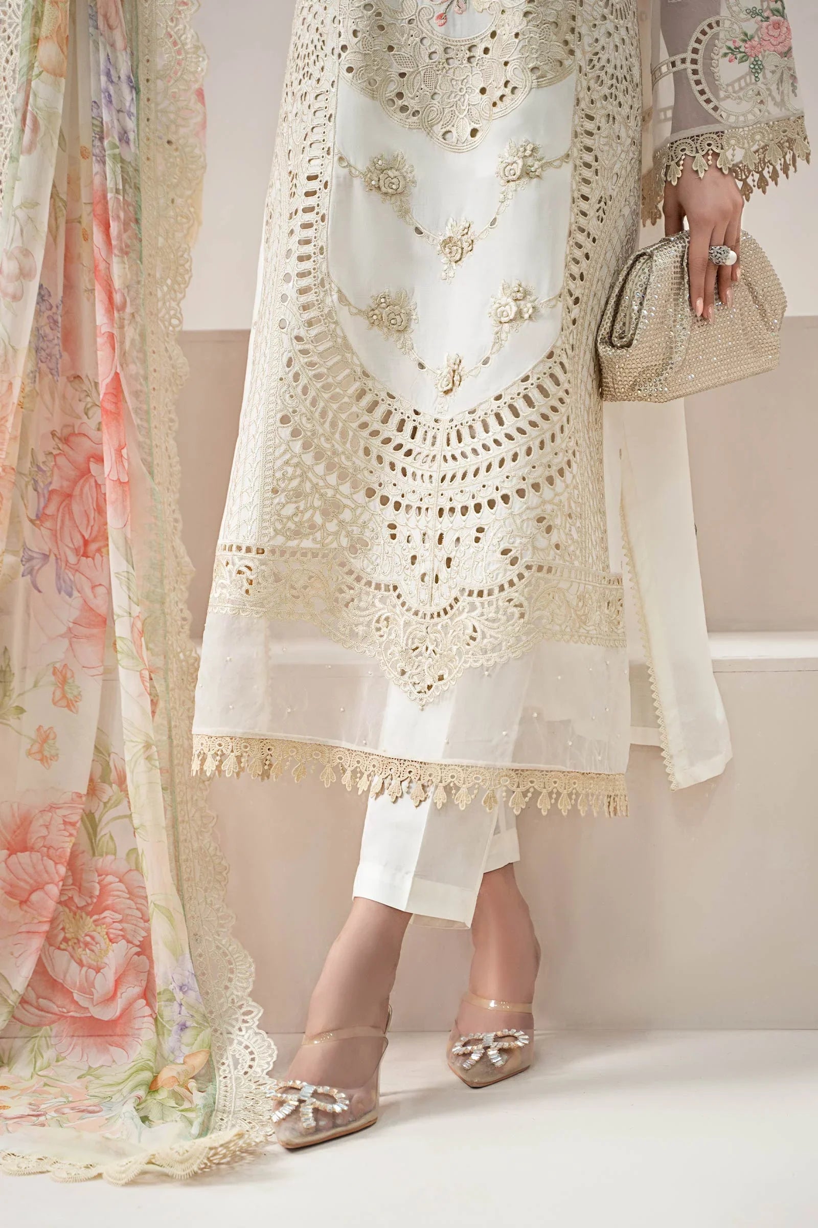 The Pastel Blossom: Schiffli & Floral Embroidered Cotton Suit | Ready To Wear