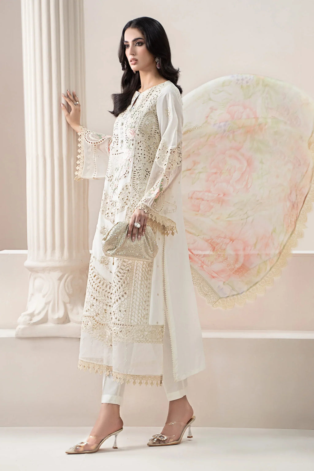 The Pastel Blossom: Schiffli & Floral Embroidered Cotton Suit | Ready To Wear