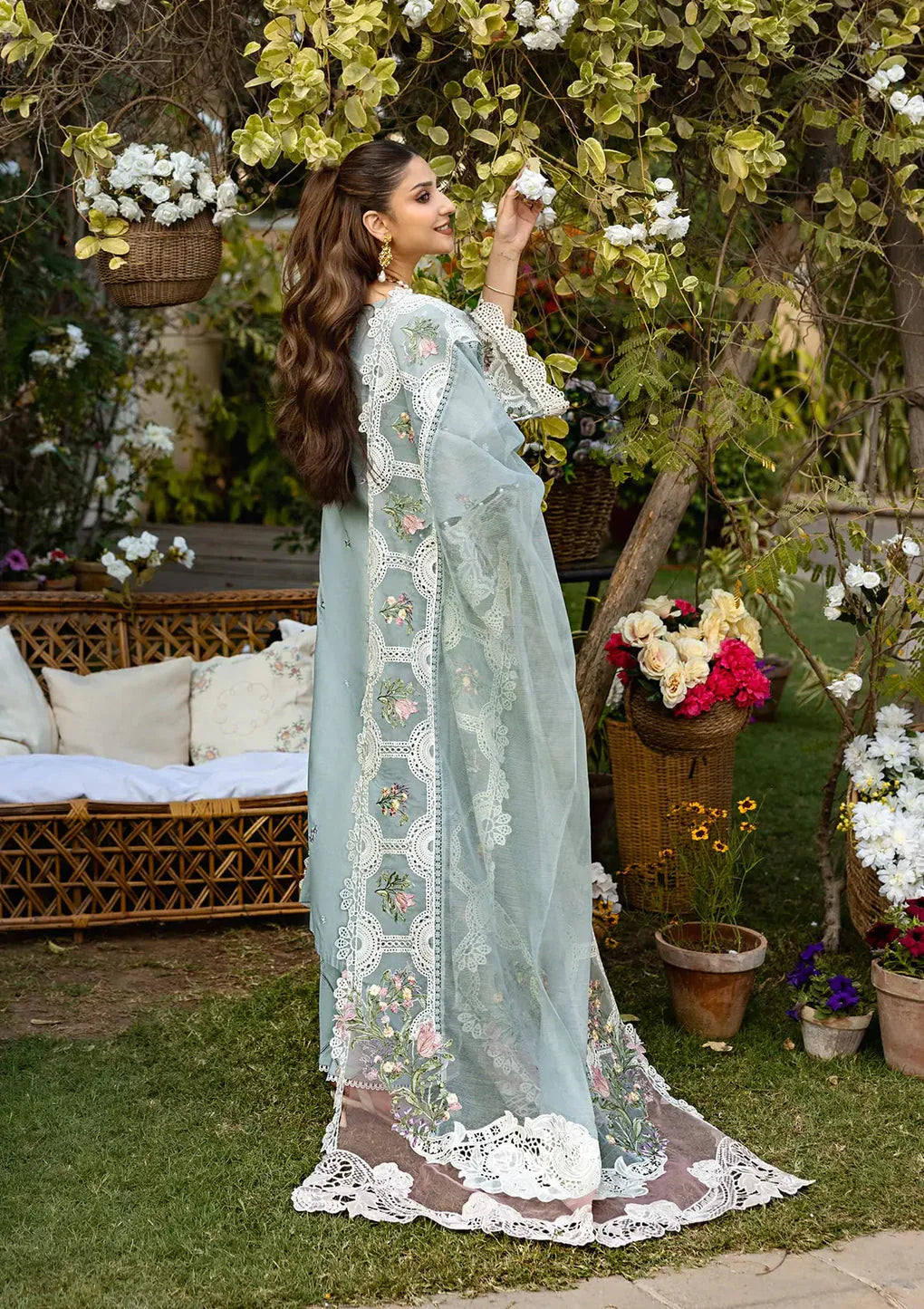 Dusty Blue: Heavy Lace Embroidered Cotton Suit | Ready To Wear
