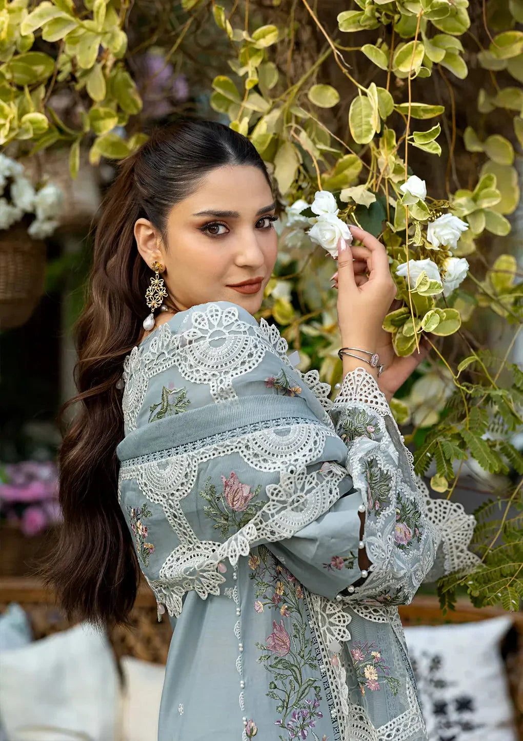 Dusty Blue: Heavy Lace Embroidered Cotton Suit | Ready To Wear