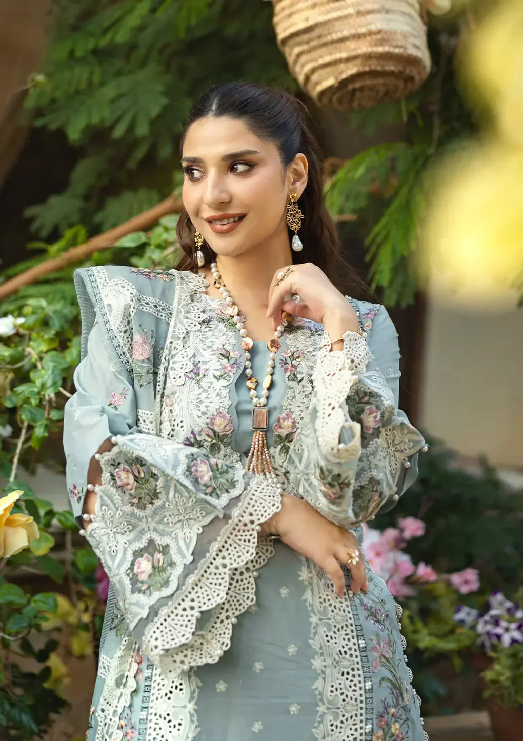 Dusty Blue: Heavy Lace Embroidered Cotton Suit | Ready To Wear