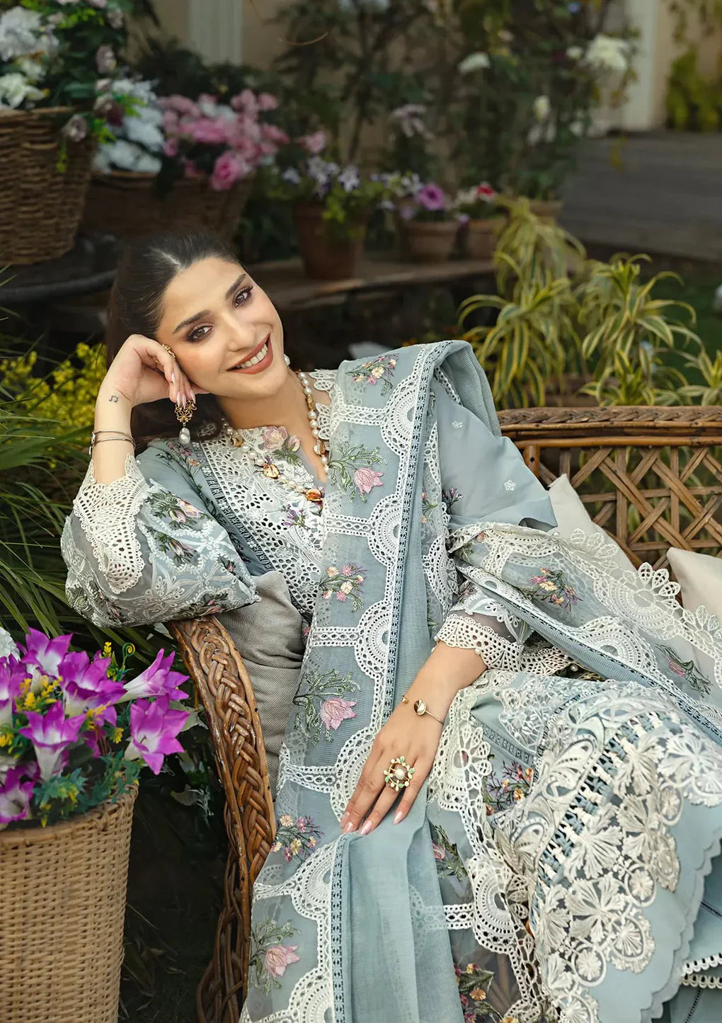 Dusty Blue: Heavy Lace Embroidered Cotton Suit | Ready To Wear