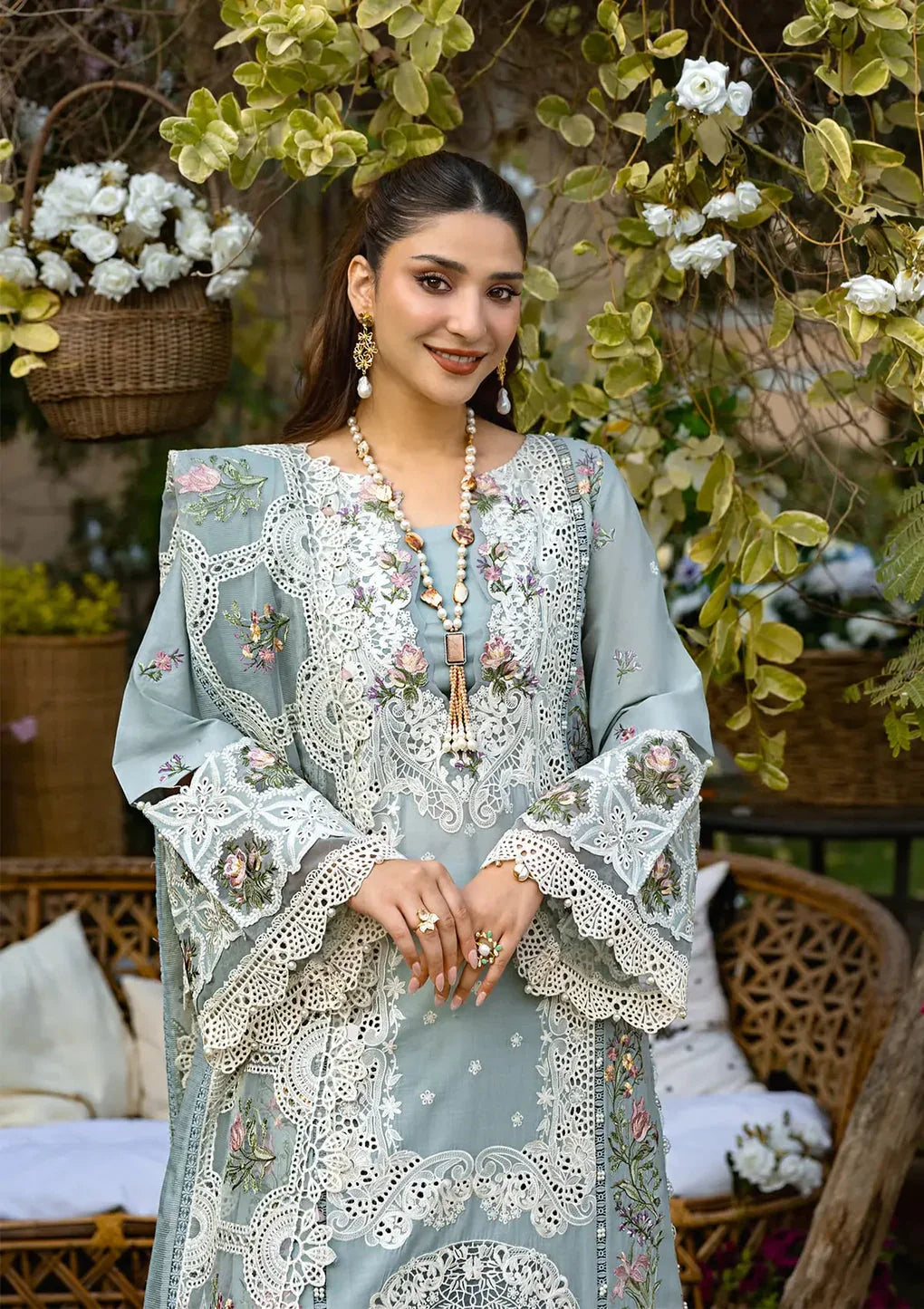 Dusty Blue: Heavy Lace Embroidered Cotton Suit | Ready To Wear